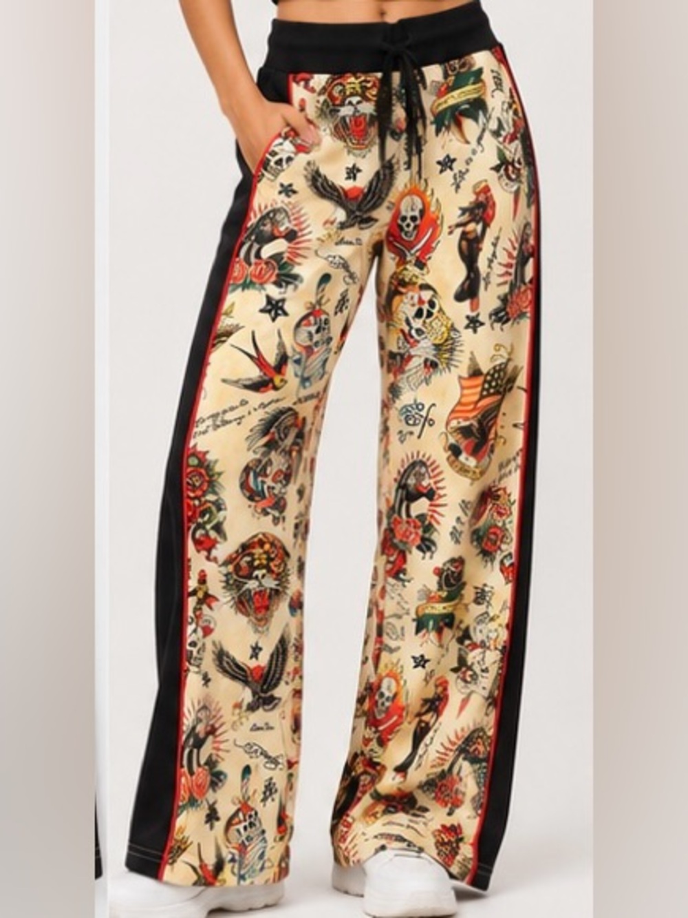 Ed Hardy Tattoo Print Wide Leg Track Pants XS Black Cream Y2K